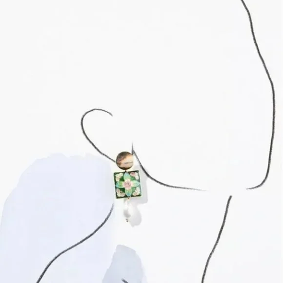 NWT Anthropologie Flower Enamel and Pearl Drop Earrings - Picture 3 of 3